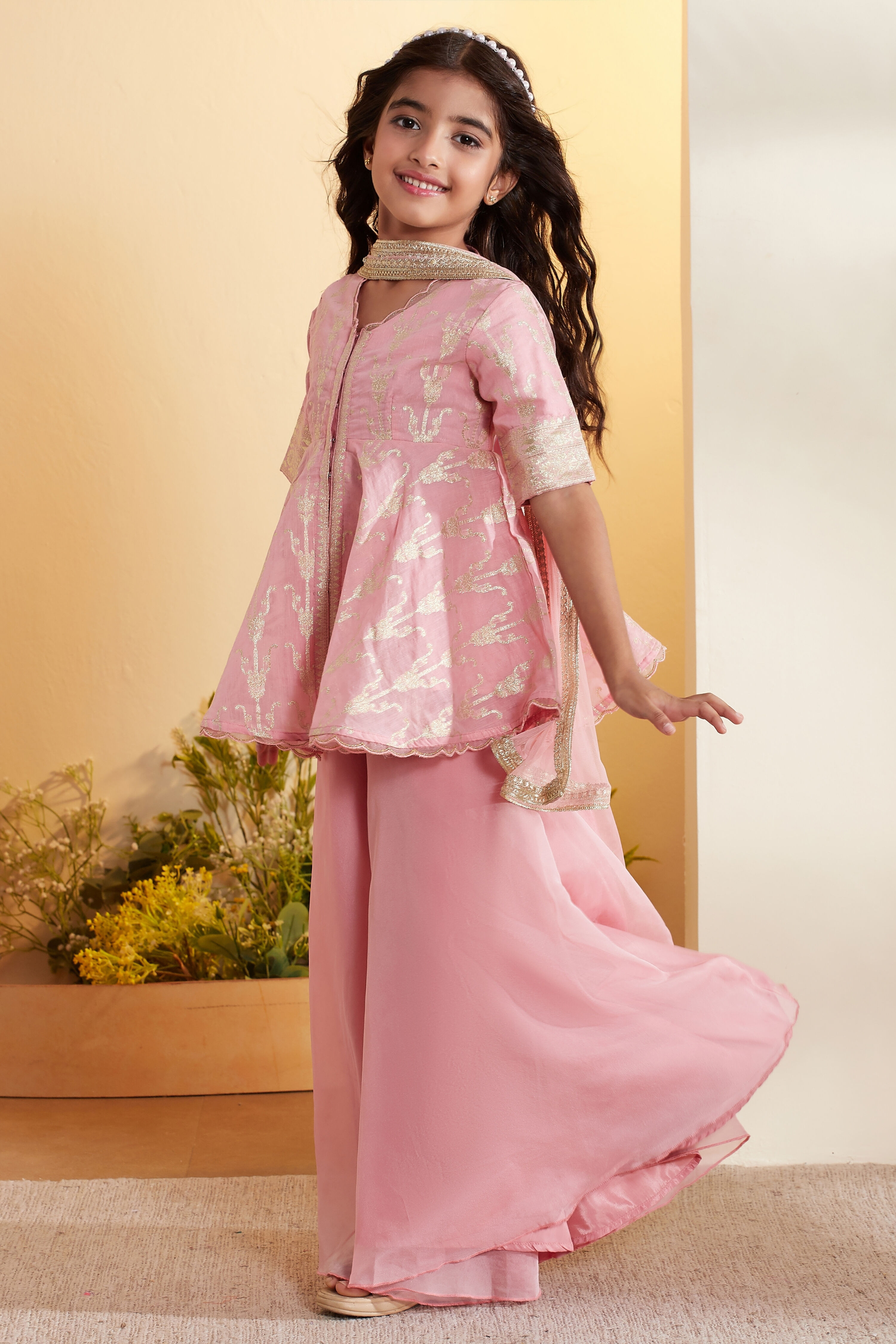 Peach Viscose Rayon Printed Front-Open Garara Kurta Set image number 3