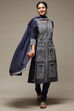 Navy Blue Cotton Blend Straight Kurta Churidar Suit Set image number 7