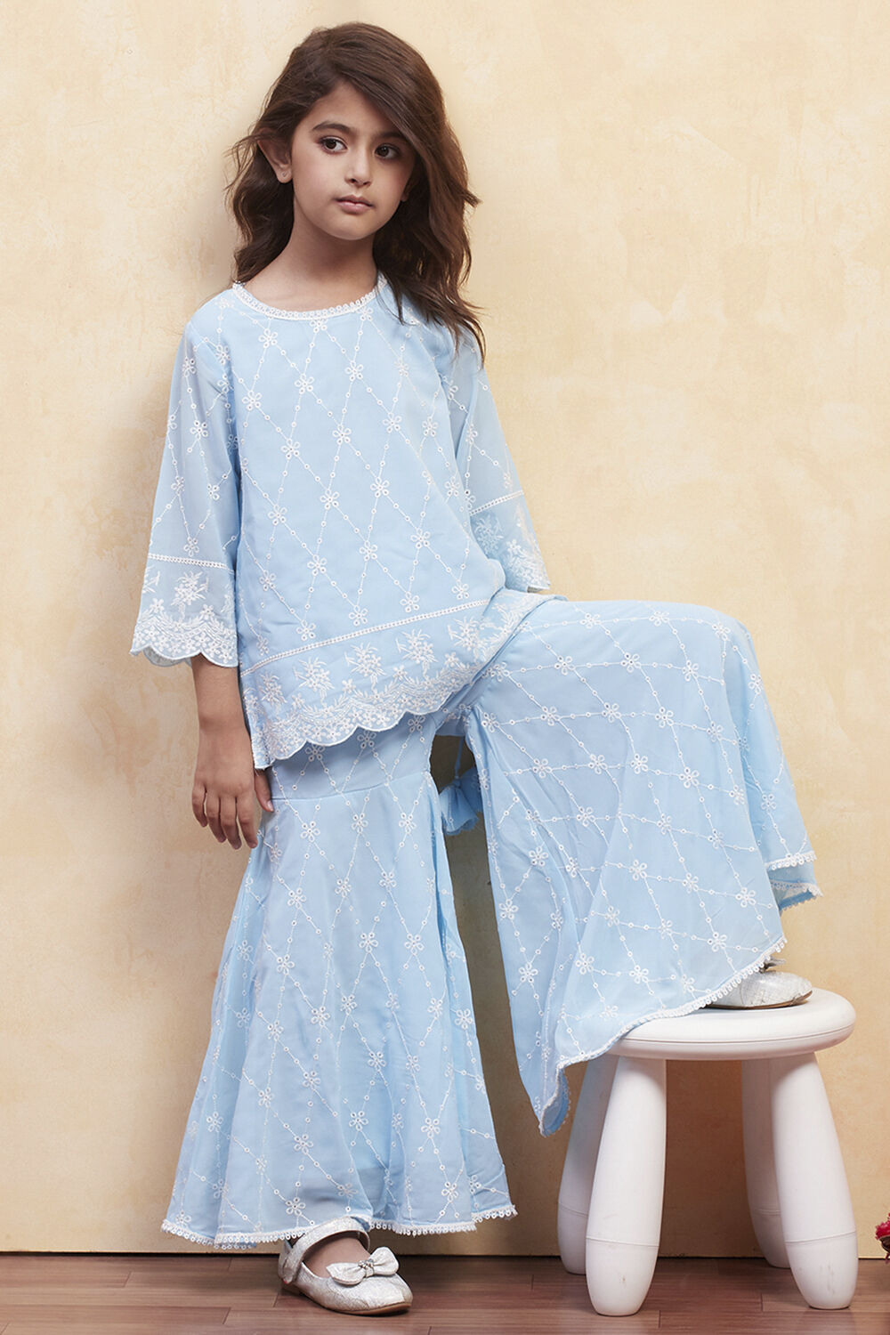 Powder Blue Cotton Embroidered Kurta Sharara Set image number 0