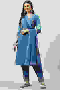 Blue Cotton Kalidar Kurta Relaxed Pants Suit Set image number 2