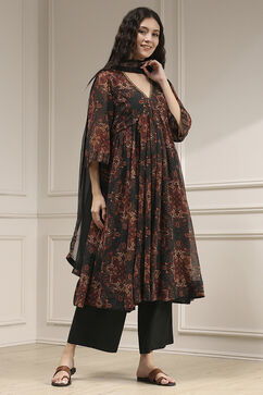 Charcoal Black Printed Gathered Suit Set image number 5