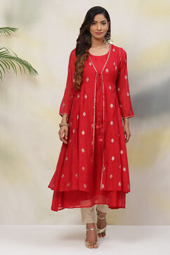 Red Flared Poly Modal Yarndyed Kurta image number 2