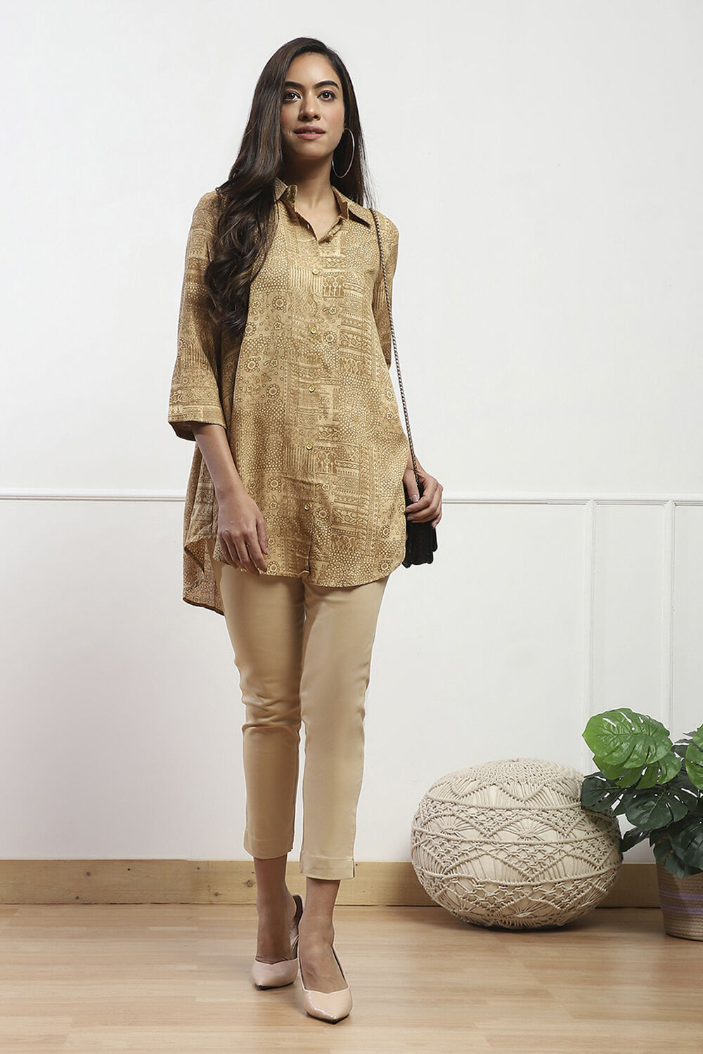 Beige Cotton Blend Slim Pant image number 0