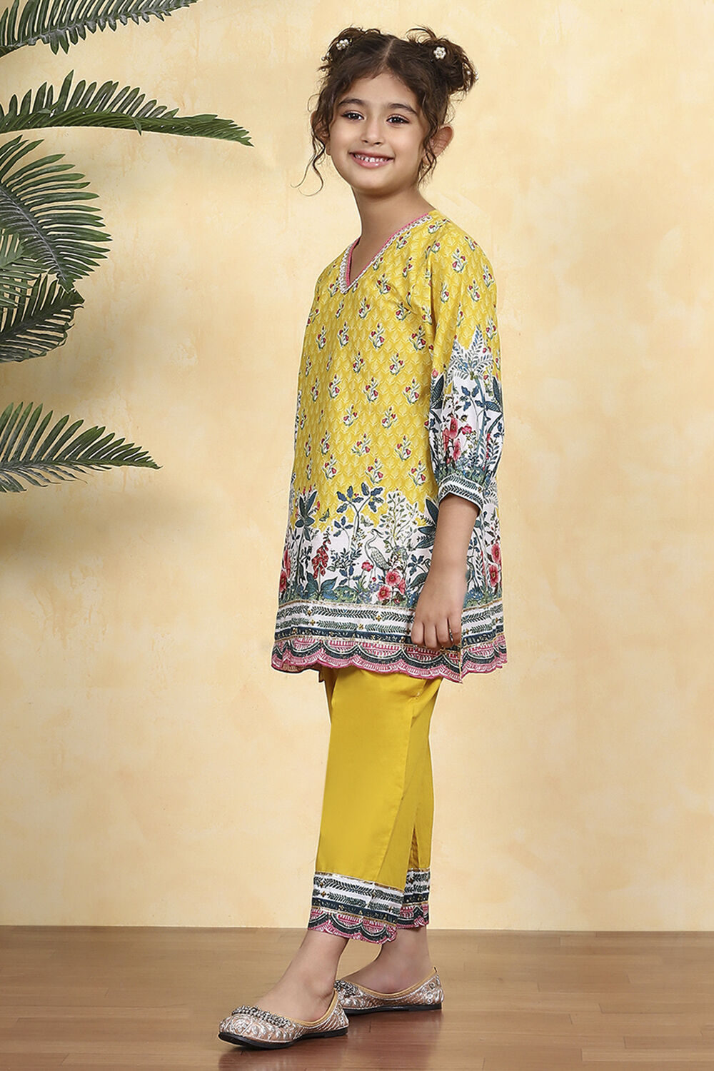 Yellow Cotton Printed A-Line Kurta Pants Set image number 3