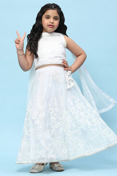 White Poly Organza Khadi Print Flared Lehenga Set image number 0