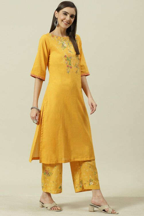 Mustard Printed Cotton Straight Kurta Palazzo Suit Set image number 0