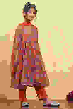 Orange Floral Printed Tiered Suit Set image number 5