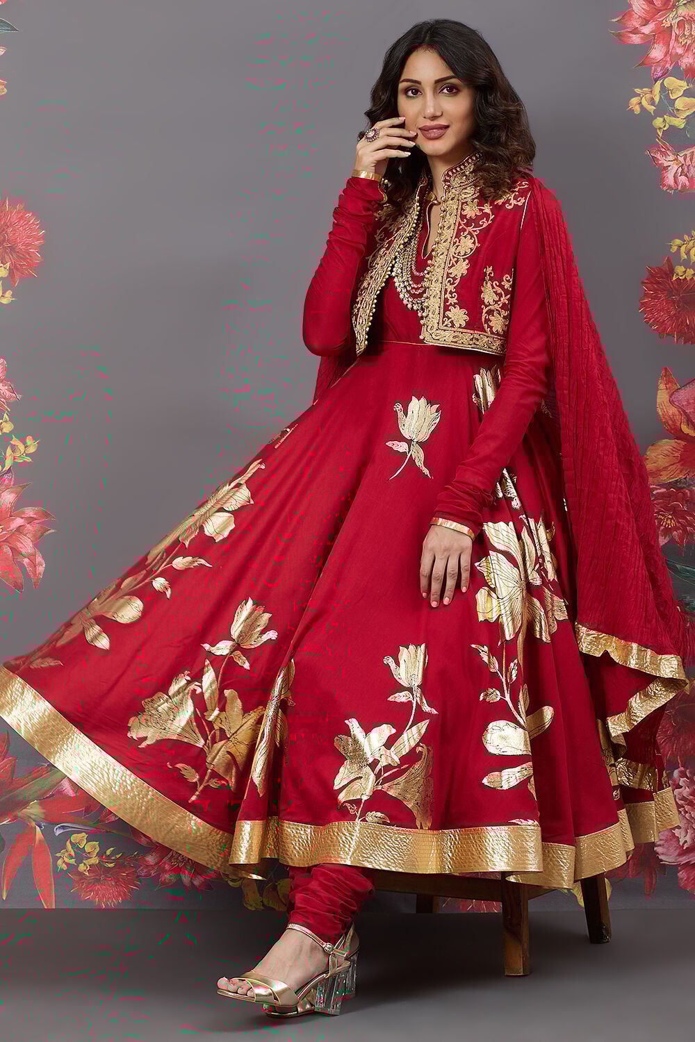 Buy Rohit Bal Red Cotton Silk Anarkali Printed Suit Kurta