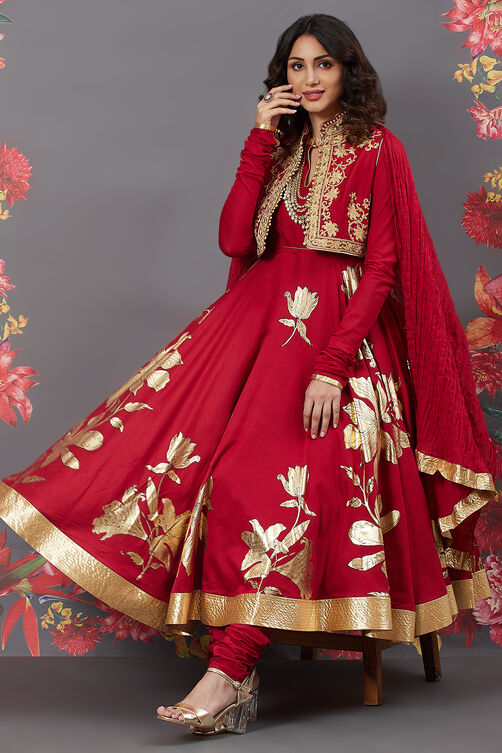 Rohit Bal Red Cotton Silk Anarkali Printed Suit image number 0