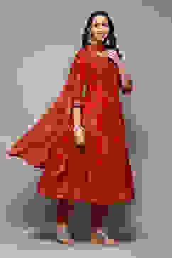 Red Cotton Anarkali Kurta Churidar Suit Set image number 0