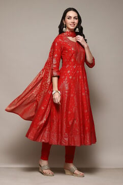 Red Cotton Anarkali Kurta Churidar Suit Set image number 0