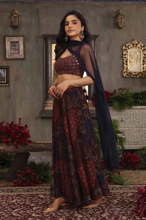 Navy Polyester Dyed Sharara Suit Set image number 3
