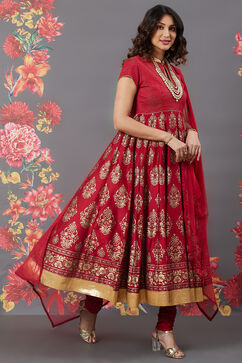 Rohit Bal Red Chanderi Silk Anarkali Solid Suit Set image number 6