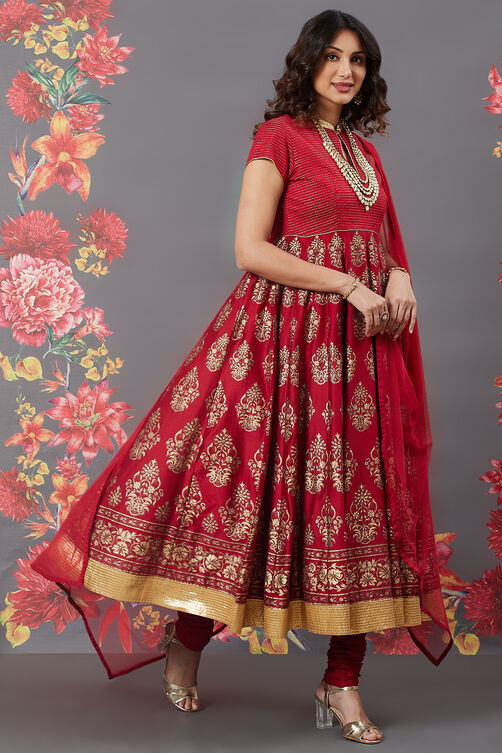 Rohit Bal Red Chanderi Silk Anarkali Solid Suit Set image number 6
