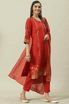 Red Printed Cotton Straight Kurta Slim Pants Suit Set image number 6