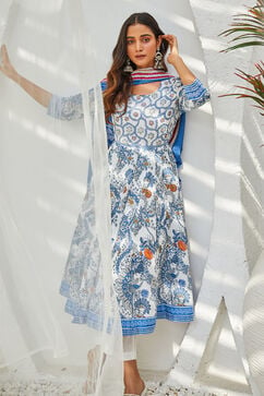 Off White Cotton Anarkali Suit Set image number 7