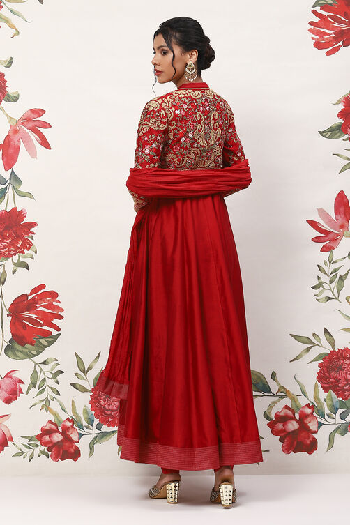Rohit Bal Red Cotton Blend Anarkali Kurta Suit Set