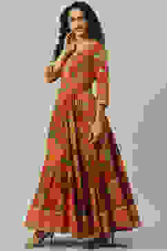 Red Cotton Flared Fusion Printed Dress image number 3