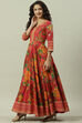 Red Cotton Flared Fusion Printed Dress image number 3