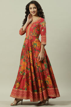 Red Cotton Flared Fusion Printed Dress image number 3