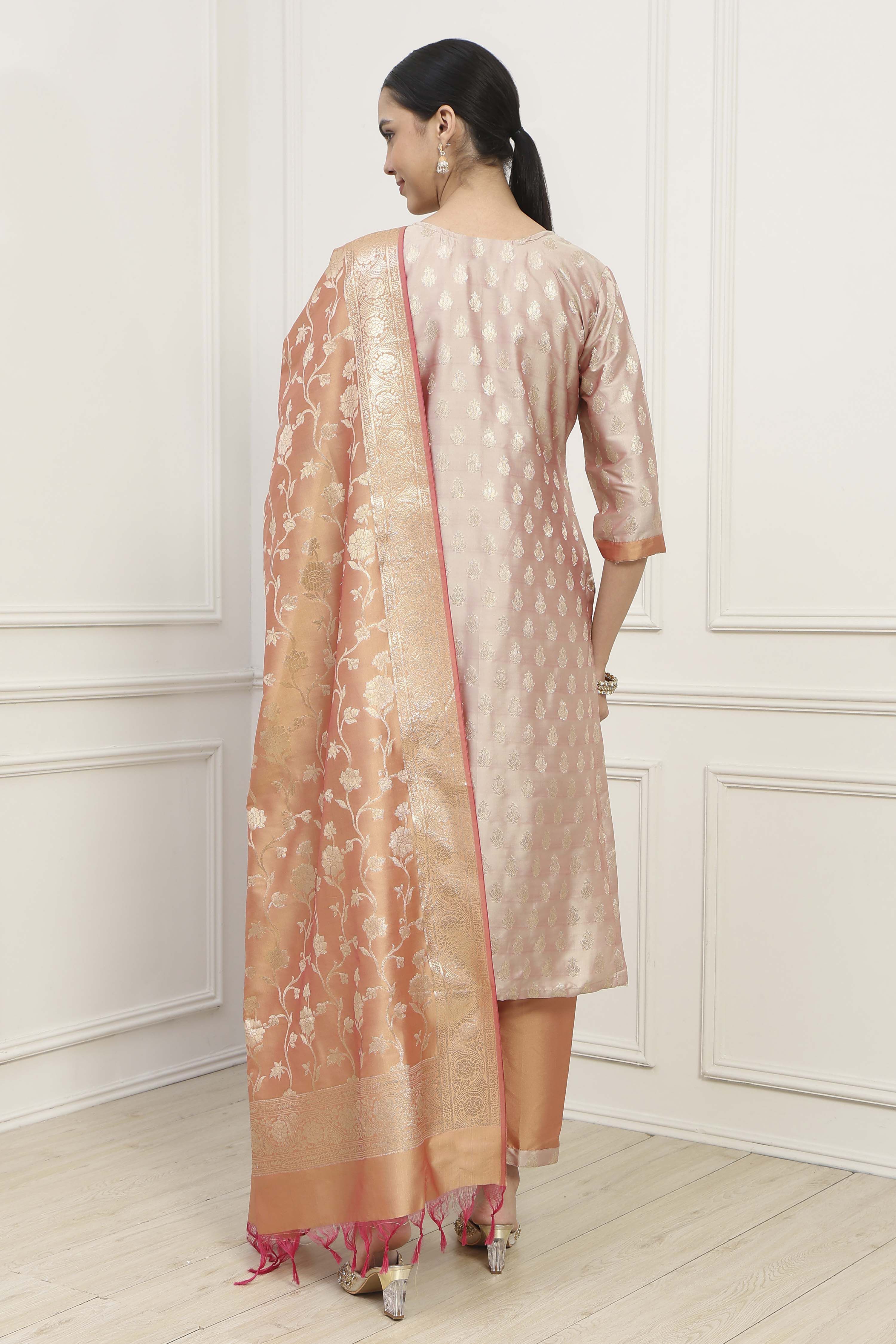 Beige Silk Blend Banarasi Unstitched Suit Set image number 5