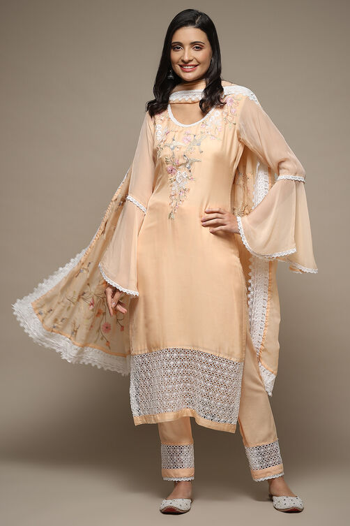 Peach Organza Lace Unstitched Suit Set image number 1