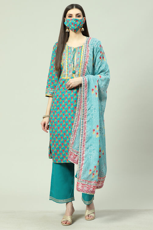 Teal Cotton Straight Kurta Palazzo Suit Set image number 7