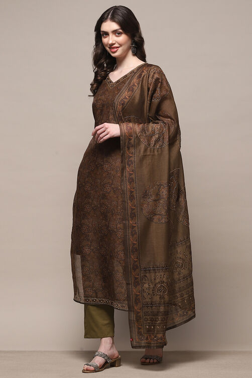 Olive Chanderi Unstitched Suit Set image number 5