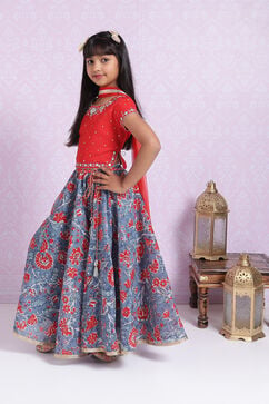 Red And Blue Poly Cotton Lehenga Set image number 5