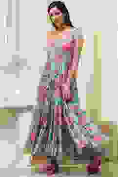 Turquoise Cotton Floral Printed Tiered Dress image number 2