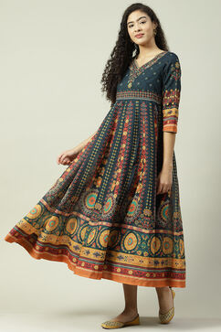 Teal Art Silk Flared Fusion Printed Dress image number 2