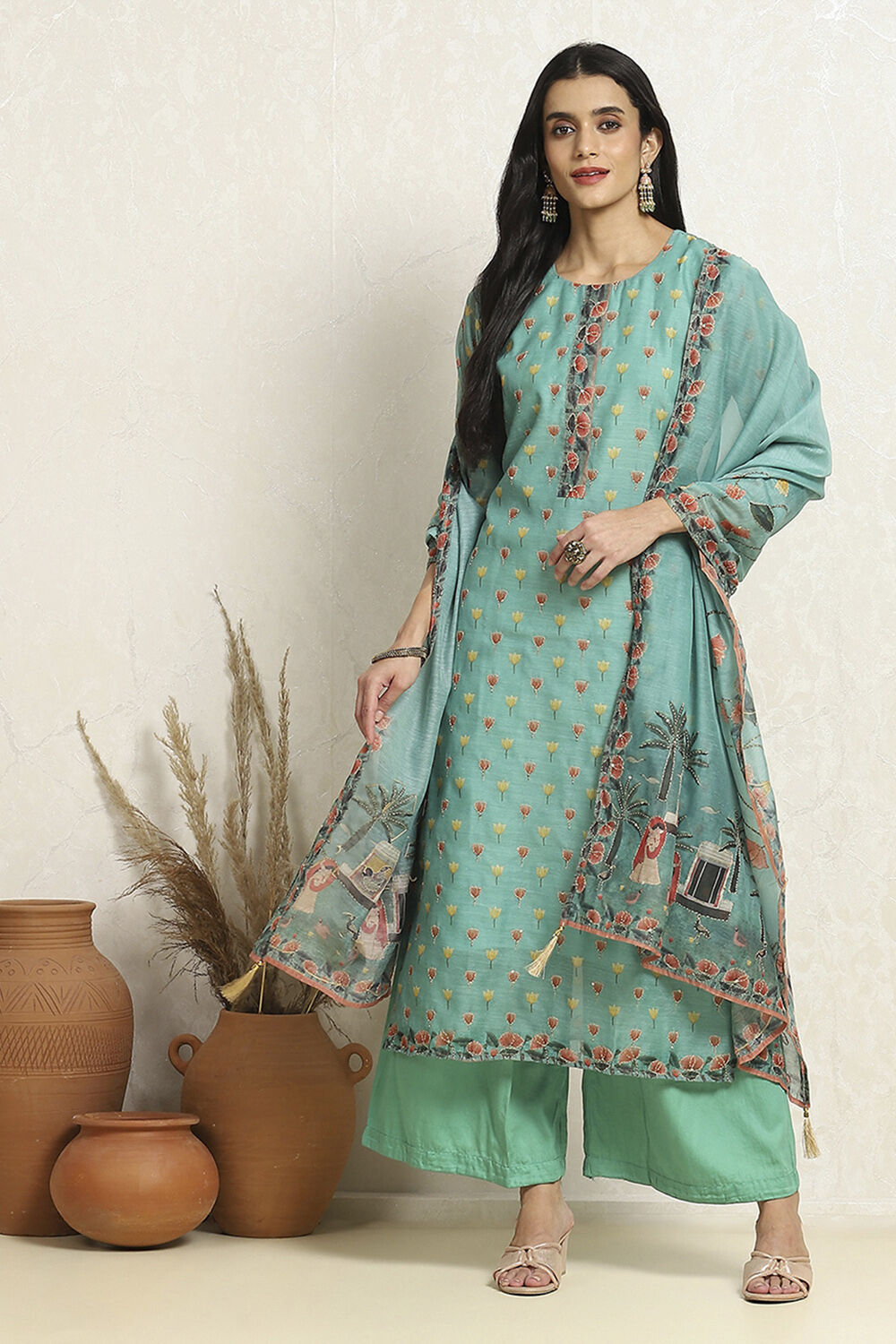 Dull Yellow Chanderi Floral Katha Work Unstitched Suit Set image number 1