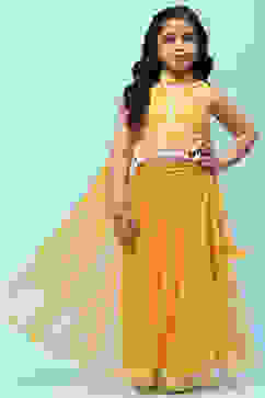 Yellow Poly Chanderi Printed Tasseled Lehenga Set image number 0