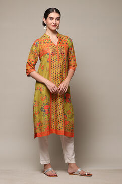 Green Cotton Straight Printed Kurta image number 3