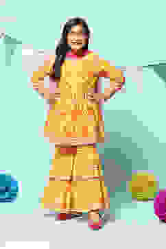 Yellow Cotton Gathered Printed Kurta Sharara Suit Set image number 0