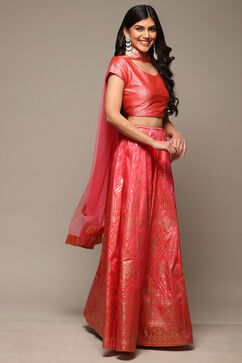 Coral Pink Cotton Blend Lehenga Set image number 6