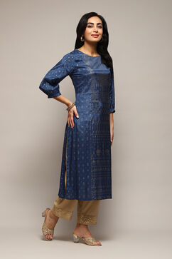 Teal Viscose Straight Printed Kurta image number 3