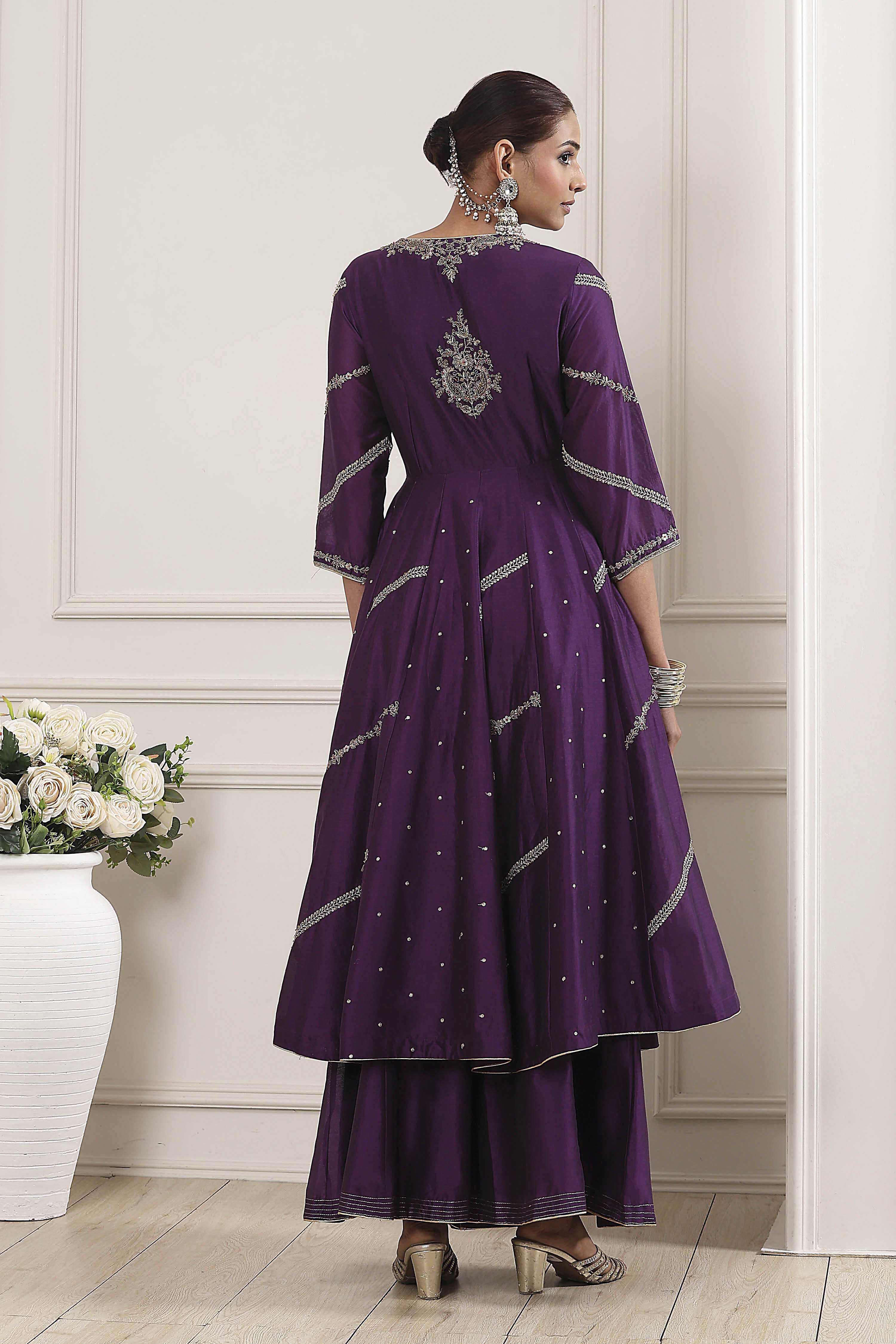 Purple Chanderi Silk Gota Embroidered Anarkali Suit Set image number 4