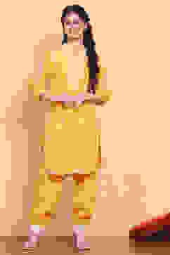 Yellow Cotton Embroidered Straight Kurta Set image number 5