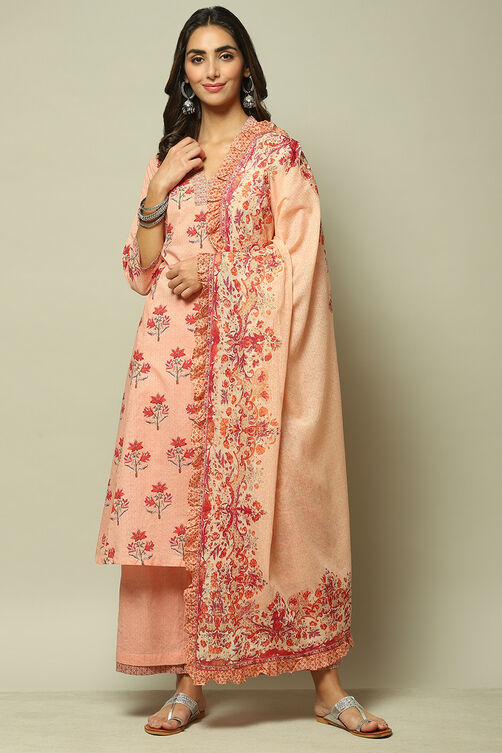 Peach Cotton A-Line Kurta Palazzo Suit Set image number 9