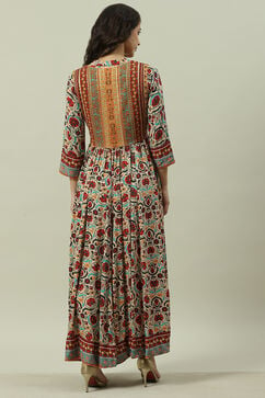 Ecru Rayon Flared Printed Dress image number 4
