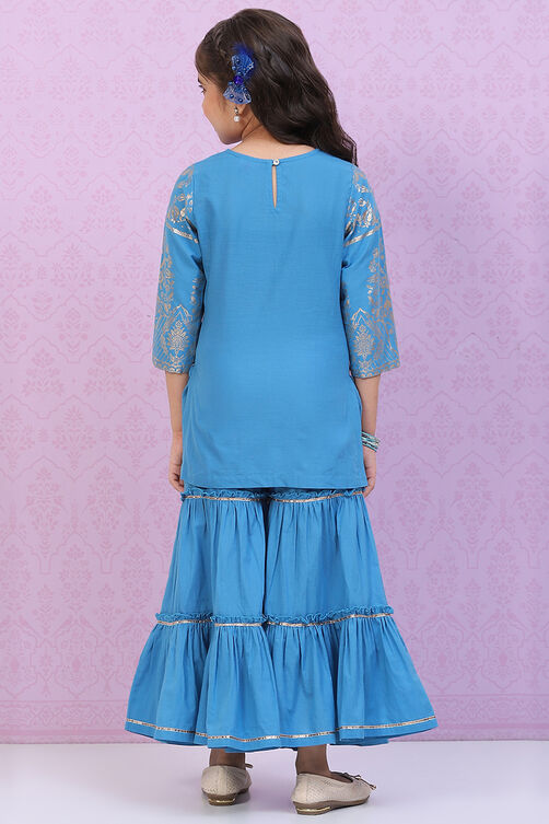 Blue Cotton A-Line Printed Kurta Set image number 4