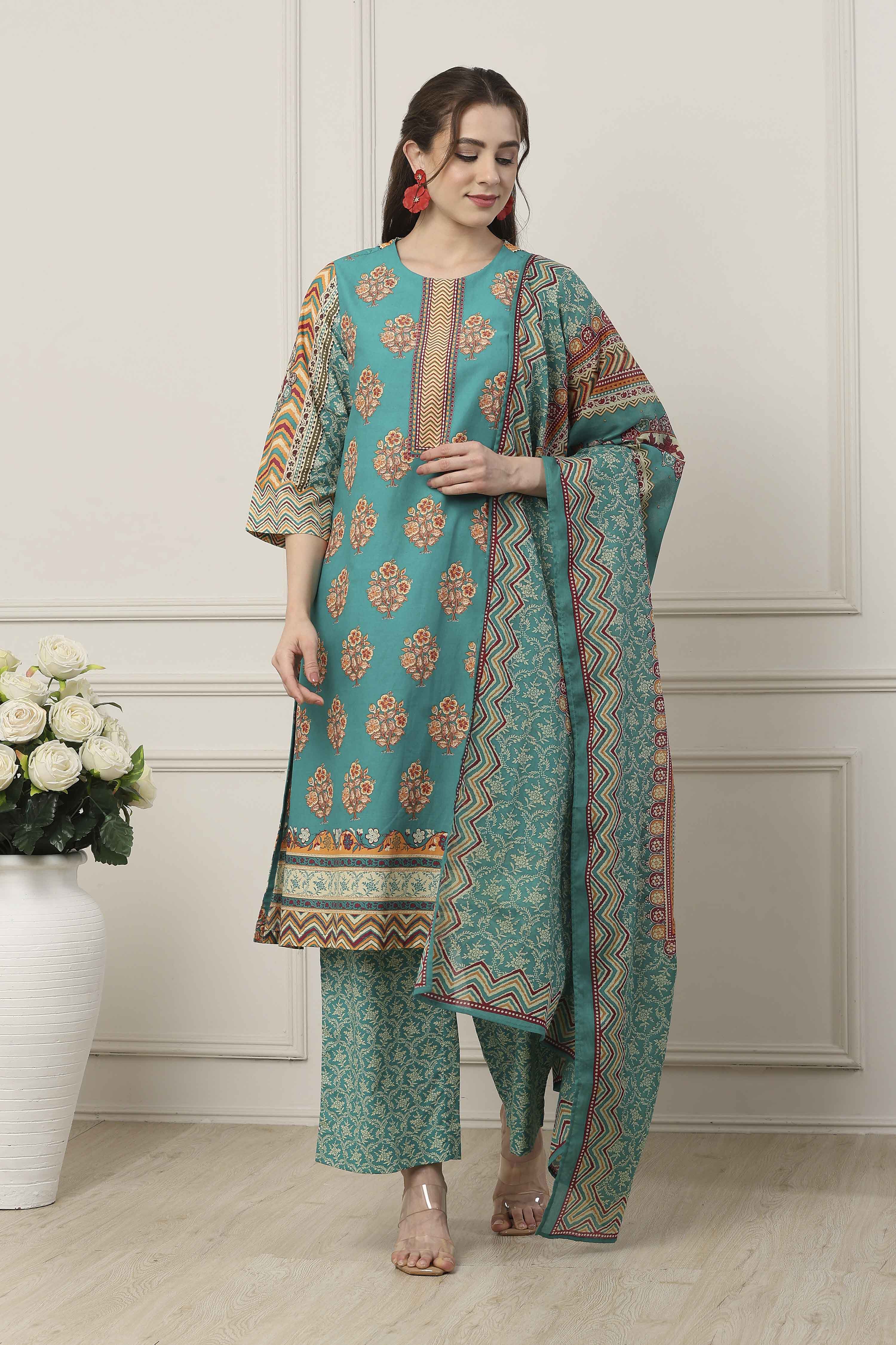 Green Cotton Straight Suit Set image number 6