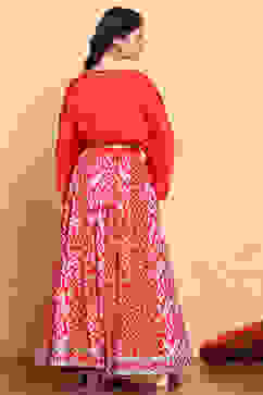 Red Printed Fusion Flared Lehenga Set image number 5