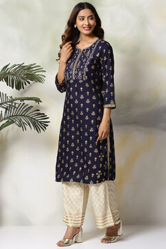 Navy Blue Rayon Straight Kurta Pants Set image number 1