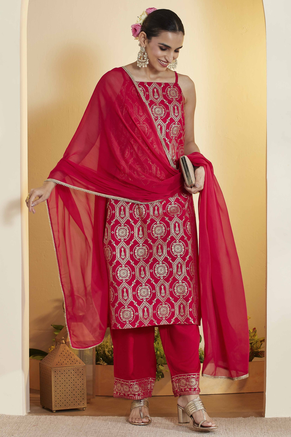 Red Viscose Blend Straight Suit Set