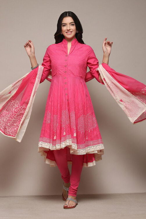 Pink Cotton Anarkali Solid Kurta Churidar Suit Set image number 7