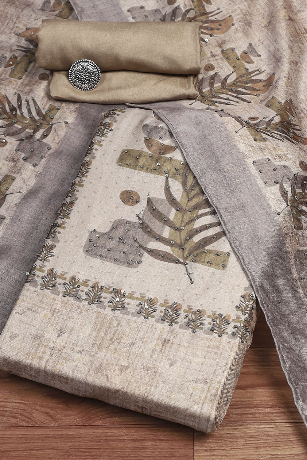 Peach Silk Blend Printed  Embroidered Unstitched Suit Set image number 0