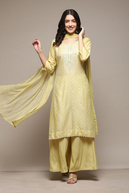 Yellow Chanderi Unstitched Suit Set image number 1