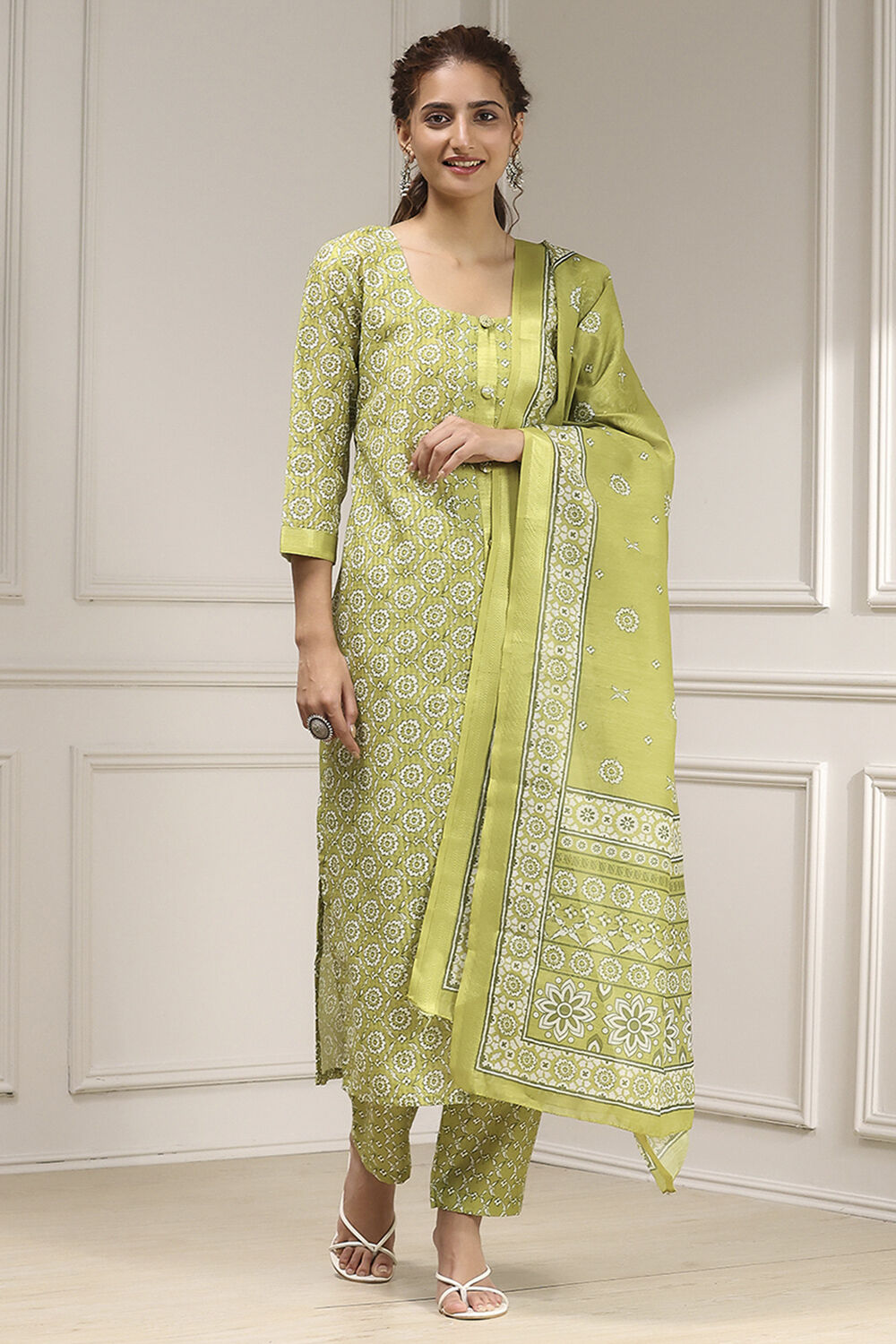 Green Cotton Digital Print Unstitched Suit Set image number 1